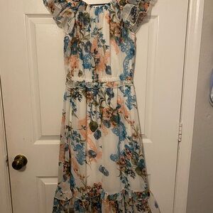 Lapis White and Blue Sundress with Ruffled Sleeves and Off the Shoulder Neckline